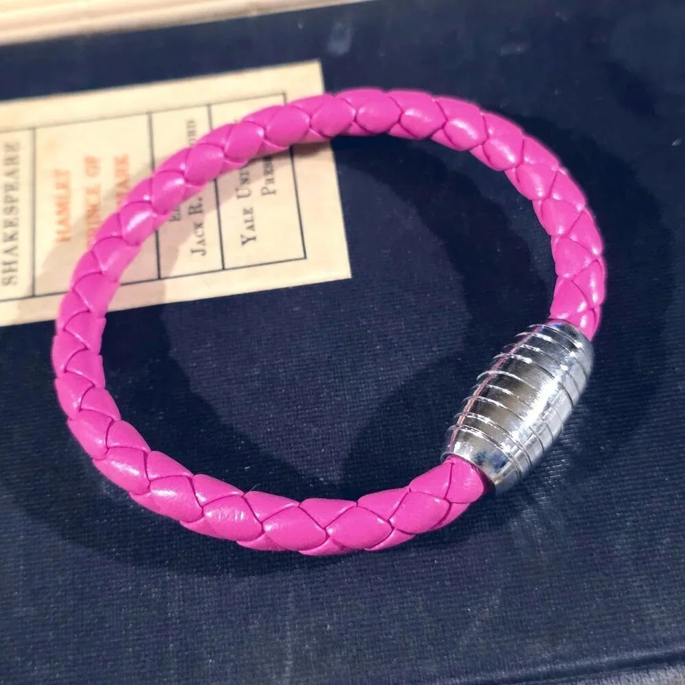 Braided Thick Dark Pink Vegan Leather Magnetic Clasp Bangle Bracelet